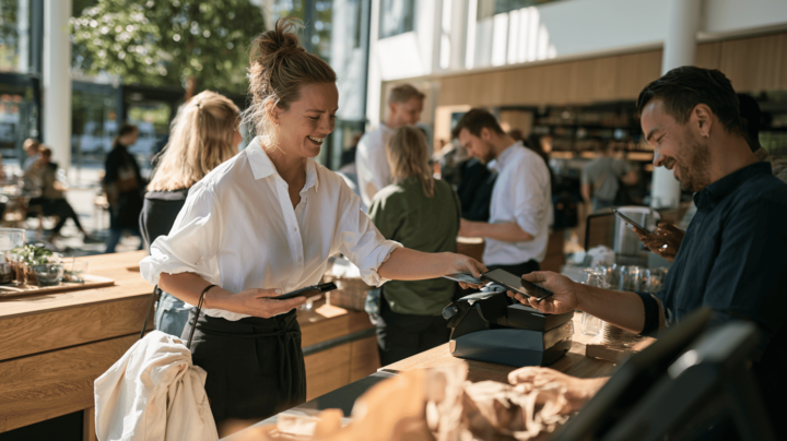student som betalar med kort på campus