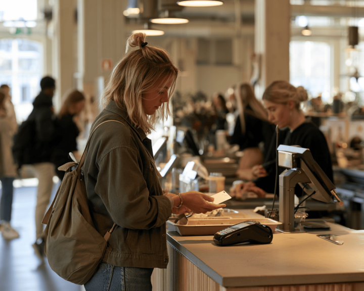 Student betalar för lunch med ett påfyllningsbart campuskort i en campusrestaurang.